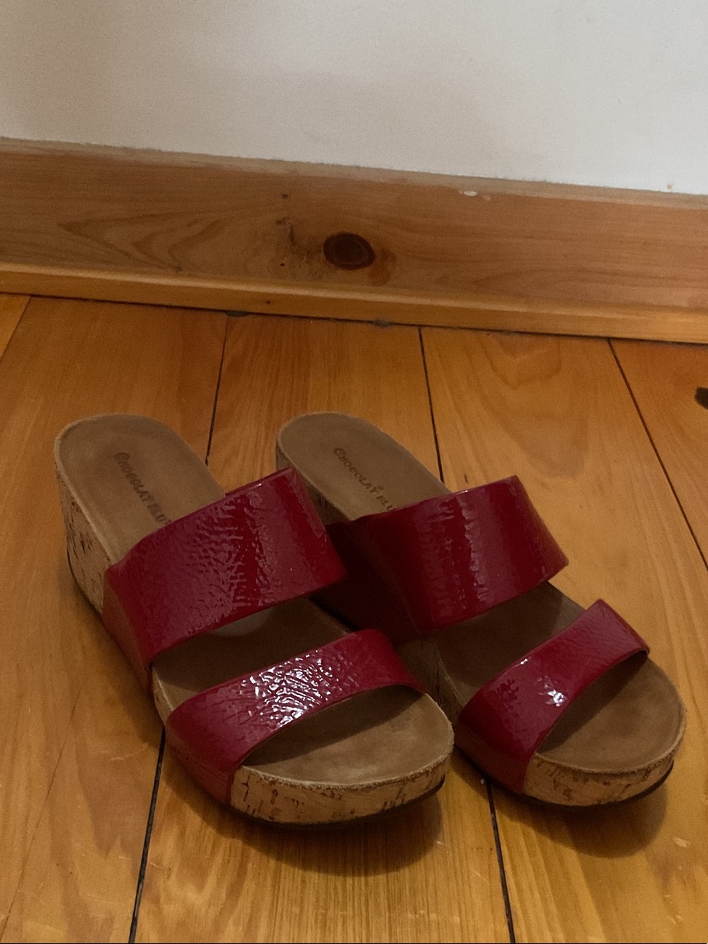 Chocolat Blu Red Patent Cork Wedge Mules